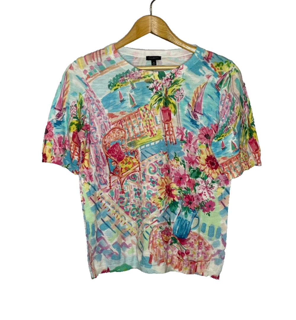Women's Medium Talbots 100% Cotton Floral Summer Watercolor Knit Top